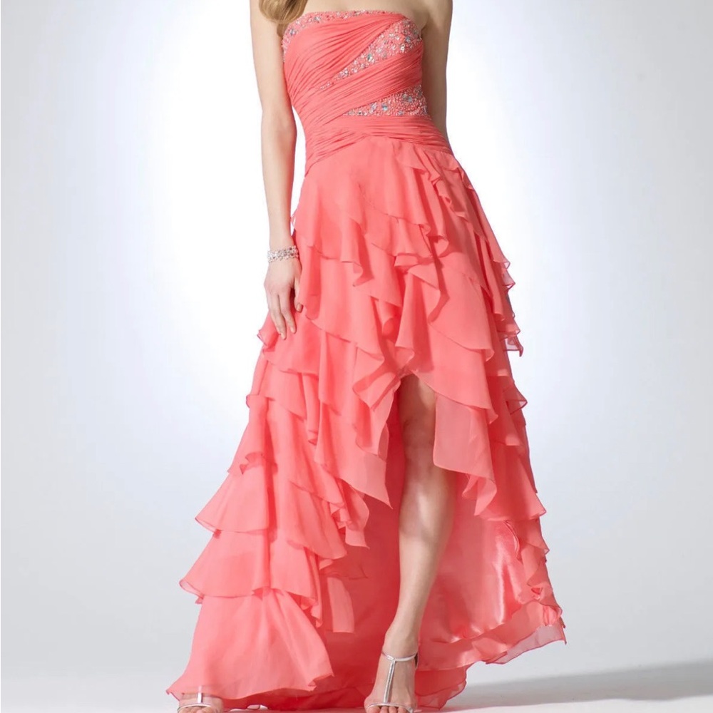Vintage Cache coral pink high low prom gown
